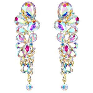Yellow Gold with Iridescent AB Austrian Crystal Chandelier Clip On Earrings